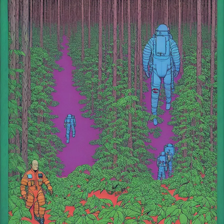 Prompt: ( ( ( ( astronauts walking through a mysterious forest, with decorative frame design ) ) ) ) by mœbius!!!!!!!!!!!!!!!!!!!!!!!!!!!, overdetailed art, colorful, artistic record jacket design