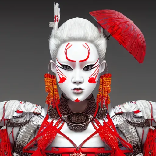 Image similar to albino maiko wearing an armor war paint, award winning photograph, 4 k, red and white neon, concept art, intricate details, highly professionally detailed, cgsociety, highly detailed -