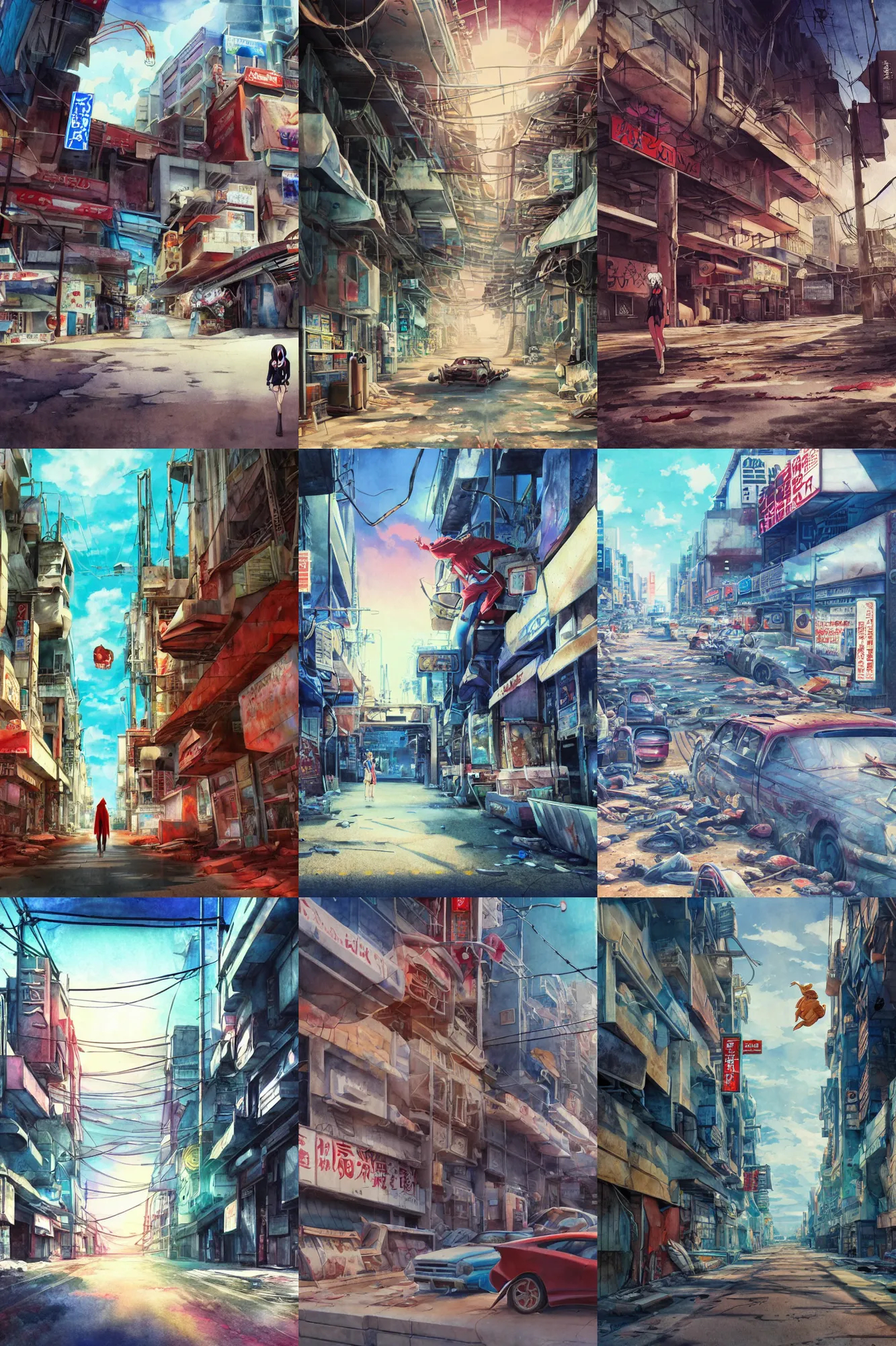 Prompt: incredible anime movie scene, vanishing point, red hoody woman explorer, watercolor, underwater market, empty road, coral reef, billboards, harsh bloom lighting, rim light, abandoned city, paper texture, movie scene, caustics shadows, deserted shinjuku junk town, old pawn shop, bright sun ground, wires, telephone pole, pipes