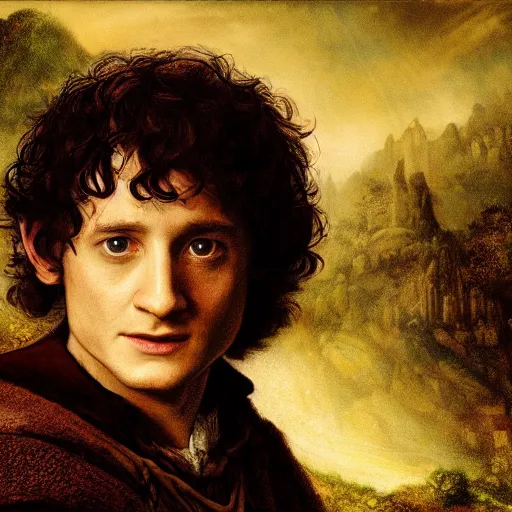 Prompt: frodo baggins in the shire In the style of Rembrandt, detailed 4k photograph