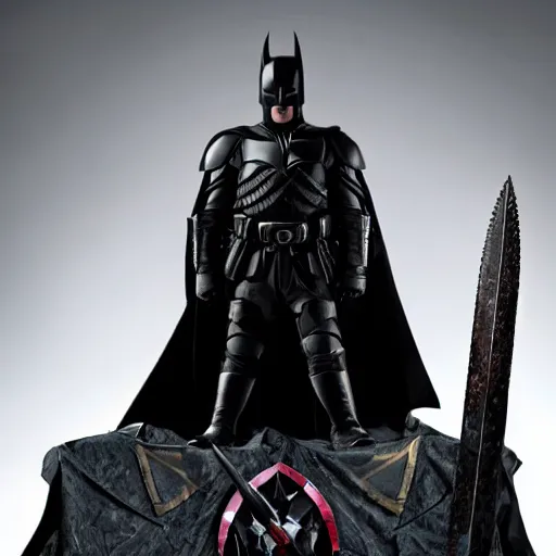 Image similar to a dark knight with a closed helmet and cloak sits menacingly on a throne with a sword in his hand against a black imperial flag