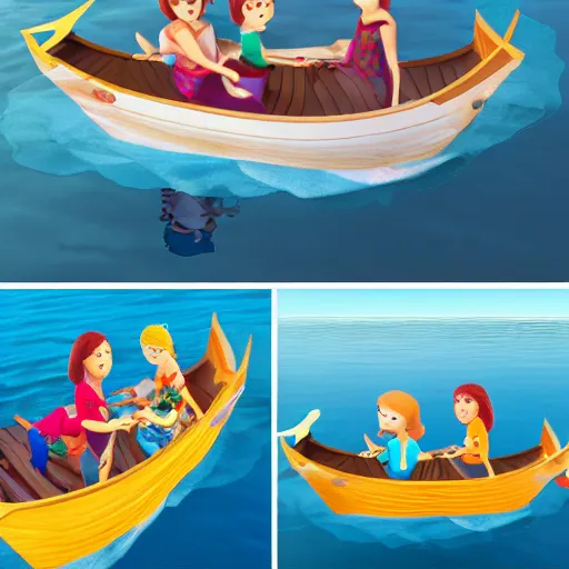 Image similar to the collage depicts a group of well - dressed women and children enjoying a leisurely boat ride on a calm day. the women are chatting and laughing while the children play with a toy boat in the foreground. storybook by patrick brown rendered in unrealengine