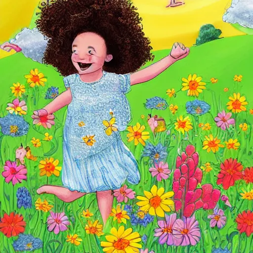 Prompt: a little girl with curly brown hair running through a field of flowers, highly detailed very beautiful fun children's book illustration by basia tran