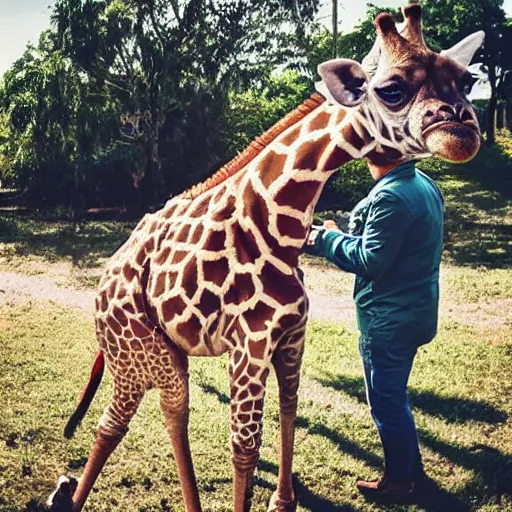 Image similar to a Giraffe-Pug Hybrid, A Giraffe that looks like a pug, huge tusks, afternoon hangout, good times photograph, candid