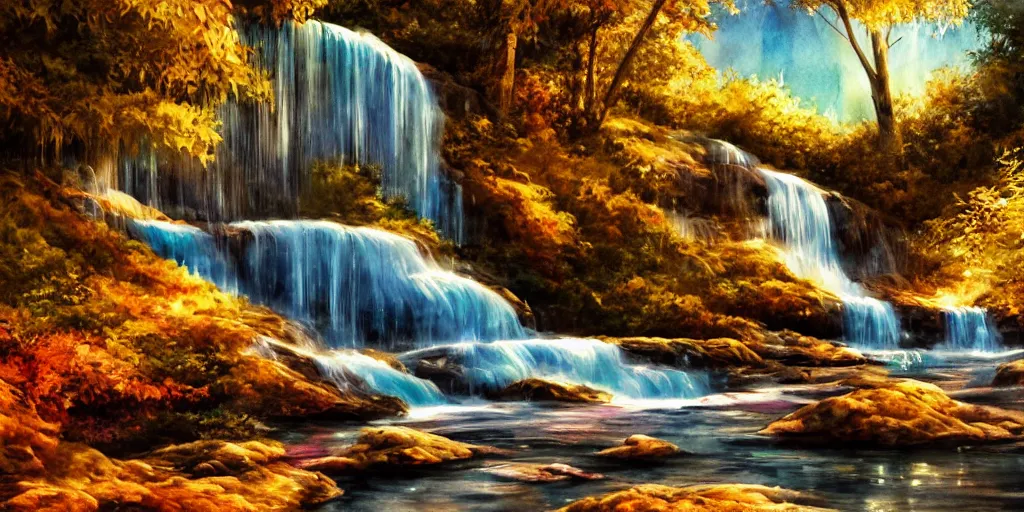 Image similar to golden hour waterfall nature landscape, watercolor, ultra realistic, highly detailed, hd, sharp focus, cinematic lighting, warm colors, realistic, photorealistic, vivid colors, painting, digital art, non blurry, sharp, artstation, smooth, illustration