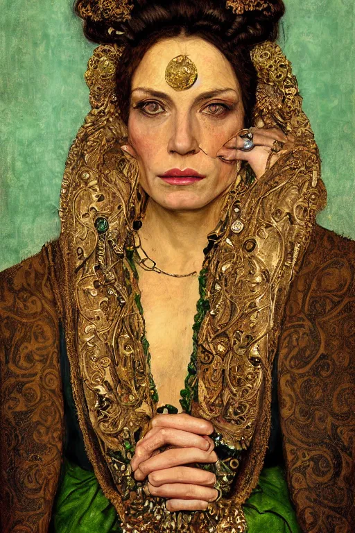 Prompt: portrait, headshot, digital painting, of a 17th century, beautiful, middle aged, middle eastern, wrinkles, decadent, cyborg noble woman, dark hair, amber jewels, baroque, ornate dark green opulent clothing, scifi, futuristic, realistic, hyperdetailed, concept art, chiaroscuro, side lighting, art by gustav klimt