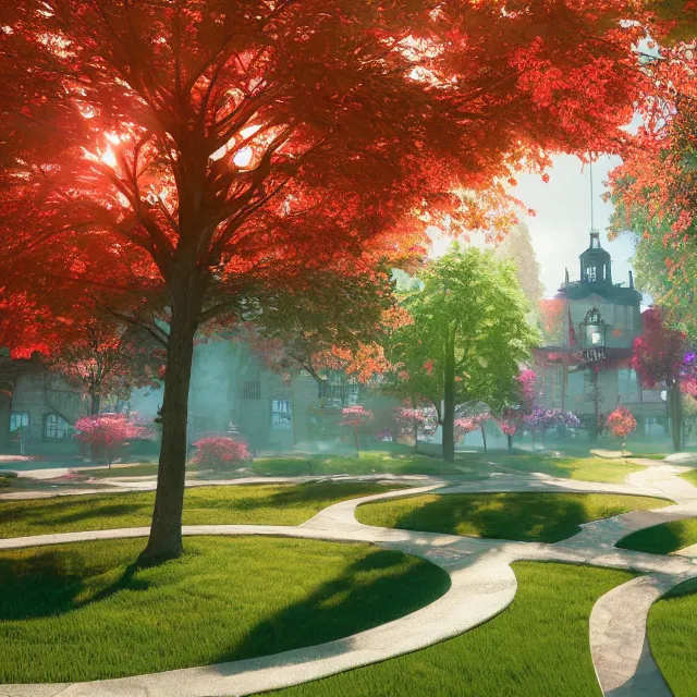 Image similar to colorful colonial city built in a ring around a giant maple tree, huge tree, cinematic, volumetric, realistic, cinematic lighting, ray tracing, unreal engine 5, octane render, hyper realistic, photo, 8 k