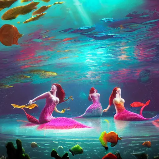 Prompt: a beautiful vivid colorful matte painting of mermaids dancing at an underwater discotheque by Grzegorz greg rutkowski and Tyler Edlin, with a disco ball, under the sea, ocean details, trending on ArtStation hq