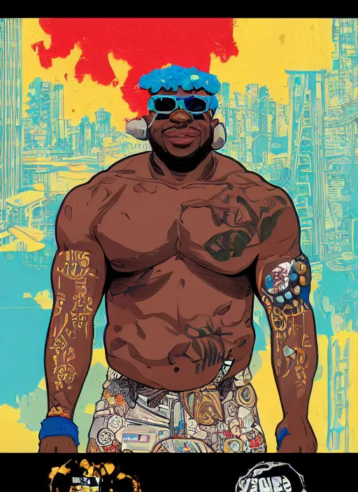 Image similar to chidi igwe. buff cyberpunk weight lifter. portrait illustration, pop art, splash painting, art by geof darrow, ashley wood, alphonse mucha, makoto shinkai ( apex legends )