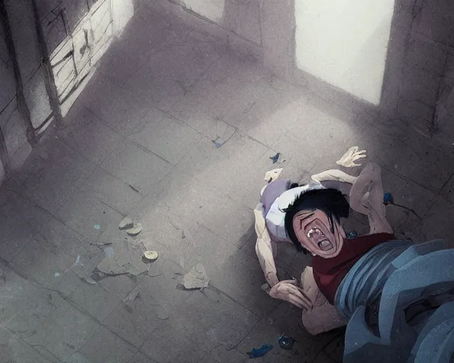 Image similar to a 50 year old brunnete chinese man lying on the floor and crying, horror scene, dramatic, shot from the top, anime art, Greg Rutkowski, studio ghibli, dramatic lighting