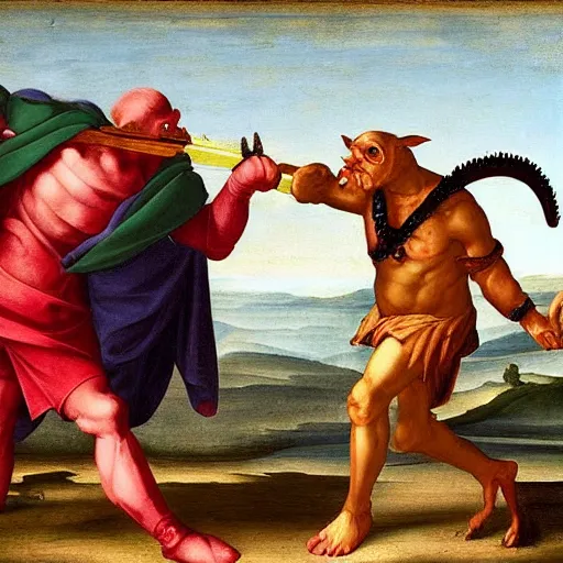 Prompt: simple renaissance painting of a goblin being slain by a sword, colorful