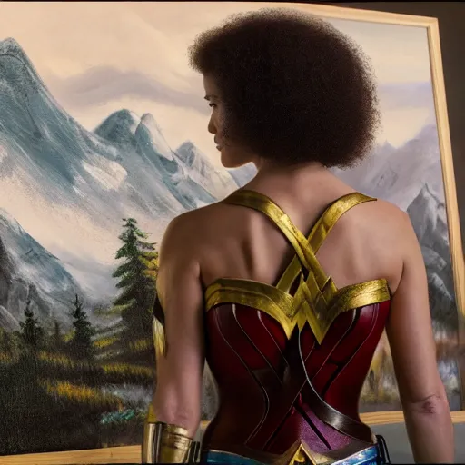 Image similar to a closeup photorealistic photograph of bob ross working on a canvas painting of wonder woman. film still. brightly lit scene. mountains and trees. this 4 k hd image is trending on artstation, featured on behance, well - rendered, extra crisp, features intricate detail, epic composition and the style of unreal engine.