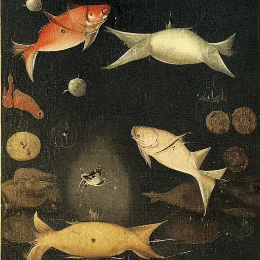 Prompt: two fishes talking to eachother in deep sea, art by hieronymus bosch