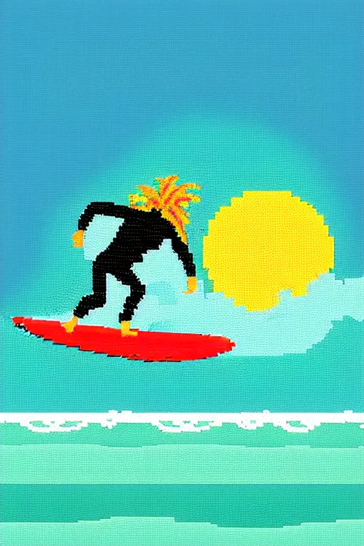 Prompt: a surfer on surfboard on a big wave. sun and sea. colorful. pixelart.