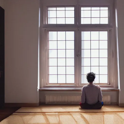 Prompt: person in pyjamas standing near window, turned back to camera, cinematography, sun rays, daylight, big french door window, windowsill, big spatious room, carpet at the floor, wide shot, furnished room, anamorphic shot lens, window at the center, wooden floor, modern, winter sun, photorealistic, high ceiling