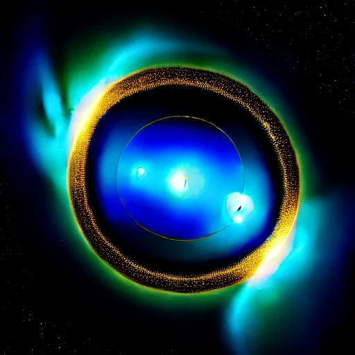 Prompt: a black hole, a shining golden wireframe geometry, centred, deep blue and dark cyan nebula background, highly detailed artwork