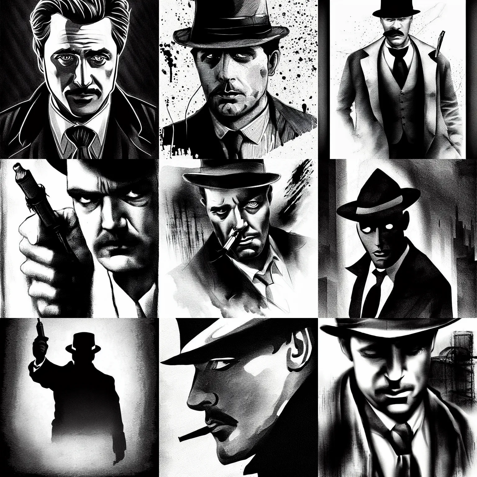 Prompt: pen and ink portrait of a noir detective, impressive scene. grainy and rough. black and white colour scheme. beautiful artistic detailed digital art