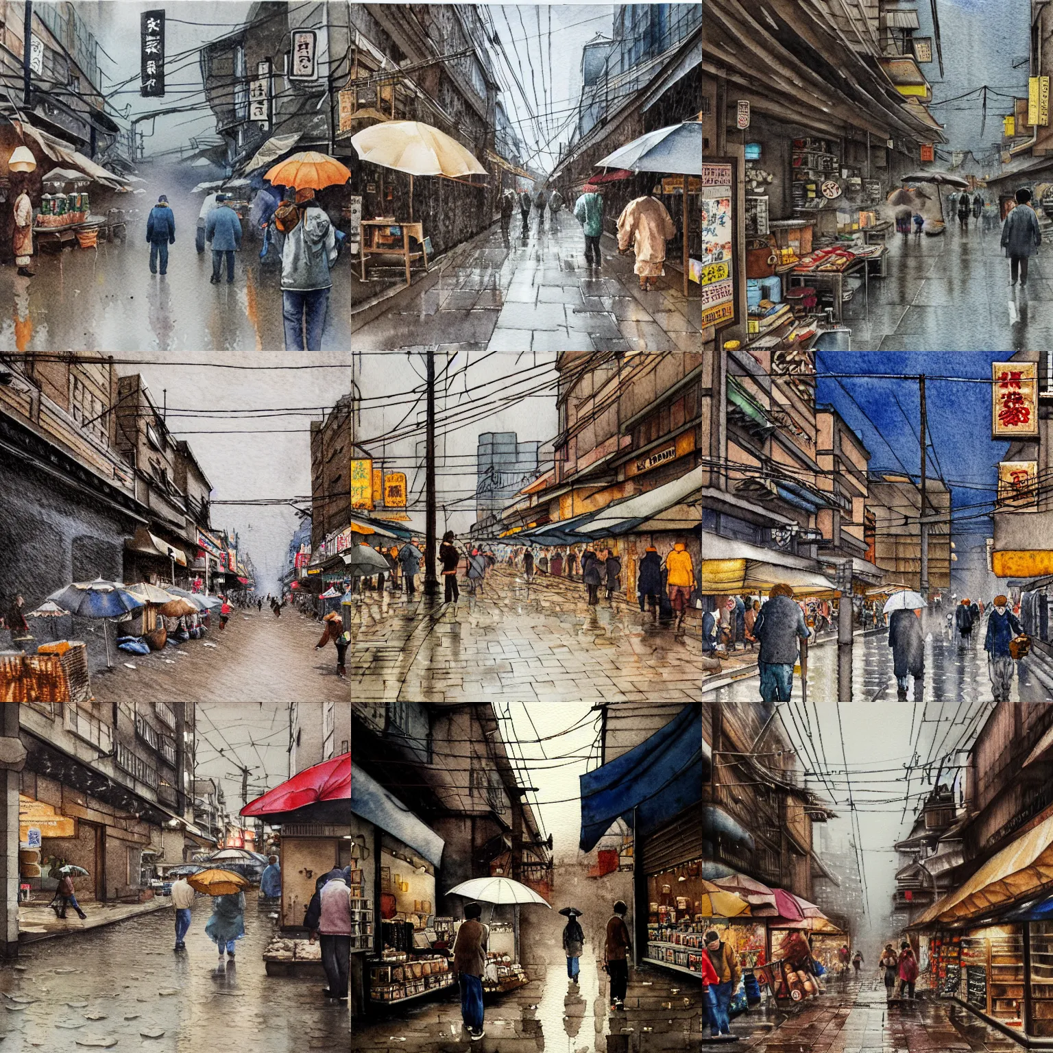 Prompt: street scene, low angle, tatsuyuki tanaka, detailed watercolor, back lit, paper texture, movie scene, old japanese street market, people shopping, wet ground, raining, misty, spot light, texture, brown cobble stones, dust, overhead wires, telephone pole, dusty, pencil marks, hd, 4k, remaster, dynamic camera angle, deep 3 point perspective, fish eye, dynamic scene - W768