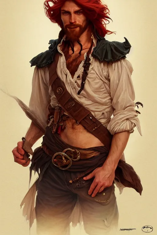 Image similar to portrait of a young ruggedly handsome but joyful pirate, male, masculine, full body, red hair, waist long hair, fantasy, intricate, elegant, highly detailed, digital painting, artstation, concept art, matte, sharp focus, illustration, art by artgerm and greg rutkowski and alphonse mucha