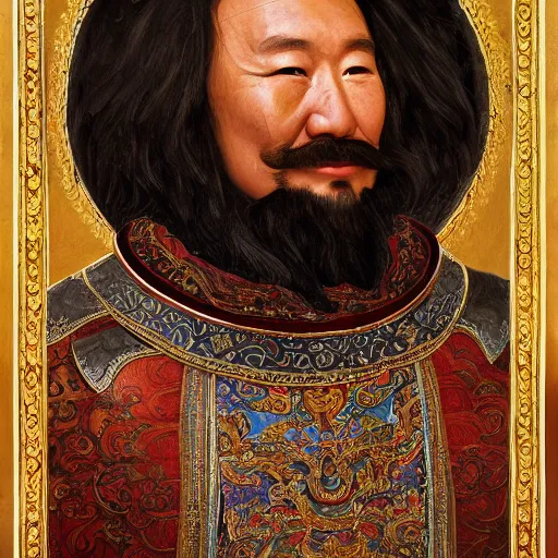 Prompt: a stunning and noble highly detailed romantic period style portrait of Genghis Khan by Josep Tapiró Baró, trending on artstation, oil painting masterpiece, symmetry, fractals, Mongolian iconography