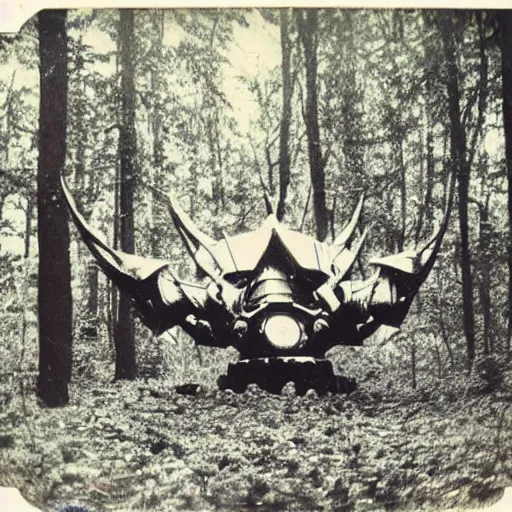 Image similar to polaroid photo of a unicron! in a forest in the 1 9 6 0 s