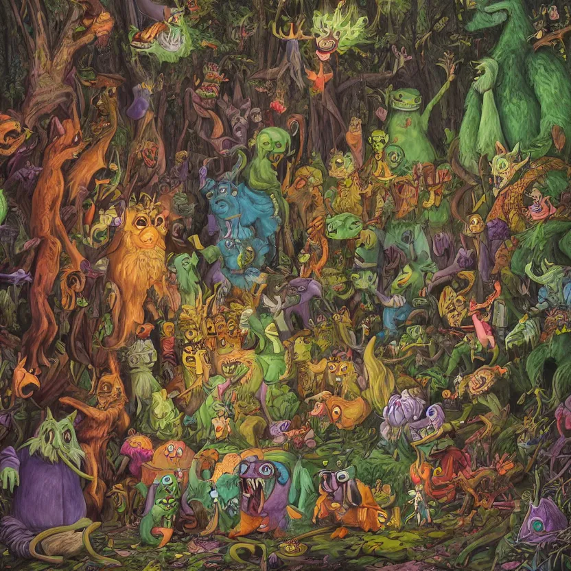 Image similar to a scene of colorful cartoon monsters in the clearing of a dark fantasy forest surrounded by darkness. hyperrealist illustration. muted colors. 1 9 7 0's pulp science fiction and fantasy cartoon for alice in wonderland and wizard of oz. highly detailed and richly colored painting by don ivan punchatz. trending on artstation