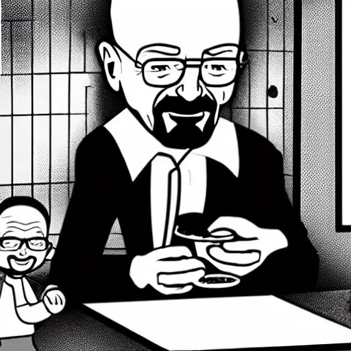 Prompt: baby Walter White doing breakfast, cartoon style,