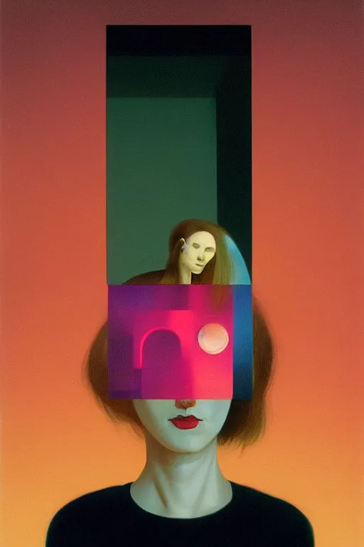 Image similar to woman wearing Oculus and digital glitch head Edward Hopper and James Gilleard, Zdzislaw Beksisnski, higly detailed