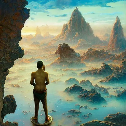 Image similar to Esao Andrews, wide angle scifi landscape, hyperrealistic surrealism, award winning masterpiece with incredible details, epic stunning, infinity pool, a surreal vaporwave liminal space, highly detailed, trending on ArtStation, artgerm and greg rutkowski and alphonse mucha, daily deviation, IAMAG, broken giant marble head statue ruins, golden hour