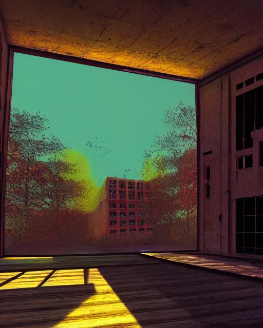 Image similar to unfinished building by peter doig, morning sun magic realism thermal imaging sunlight fisheye retrowave nature laser dramatic lighting uv light darkacademia, archdaily, wallpaper, highly detailed, trending on artstation.