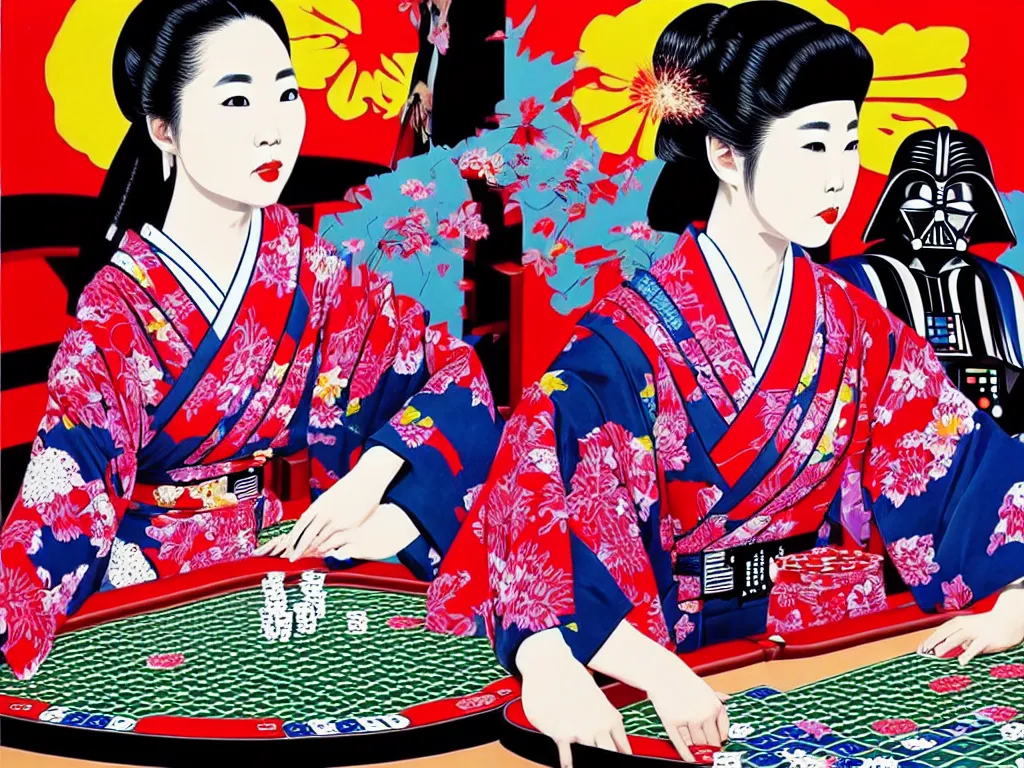 Image similar to hyperrealistic composition of the detailed woman in a japanese kimono sitting at a extremely detailed poker table with detailed darth vader, fireworks, mount fuji on the background, pop - art style, jacky tsai style, andy warhol style, acrylic on canvas