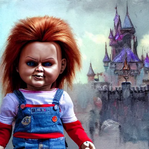 Image similar to the doll chucky in the punching the doll annabelle, epic mma fight, dramatic poses, cinematic, disneyland as backdrop, oil painting, by greg rutkowski