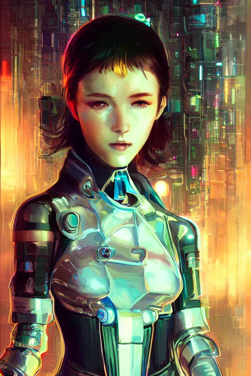 Image similar to portrait futuristic Cyber warrior Girl, in future cyberpunk tokyo rooftop , ssci-fi, fantasy, intricate, very very beautiful, elegant, neon light, highly detailed, digital painting, artstation, concept art, smooth, sharp focus, illustration, art by WLOP and tian zi and alphonse mucha