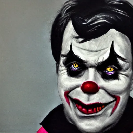 Image similar to a portrait of stephen king with clown makeup on