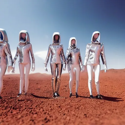 Image similar to up close full body image of 5 friends on dusty Mars soil in the future walking together all wearing stylish high fashion futuristic clothing picture taken with 5 mm camera nokia, intricate, ultra HD, super detailed, realistic, award-winning picture