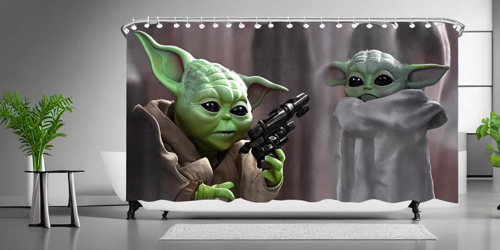 Prompt: a ( ( ( ( ( mando mandalorian ) ) ) ) ) baby yoda playing and running themed shower curtain, shower curtain. product photography. product lighting. digital art. 4 k, highly detailed. saturated. photorealistic.