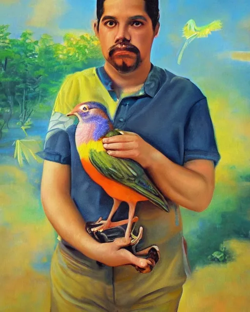 Prompt: a realistic stylized phychedelic painting of a man holding a bird in his hand, an oil painting by benito quinquela martin, behance contest winner, american scene painting, oil on canvas, detailed painting, art