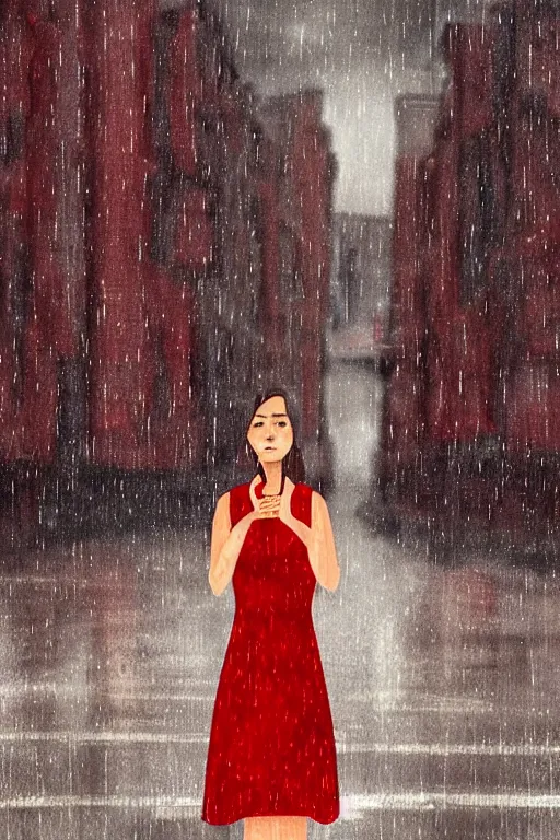 Prompt: a girl in a red dress crying in the middle of a city while its raining, digital art