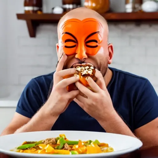 Image similar to anonymous man eats meal at home of thai sweet and sour pork stirfry