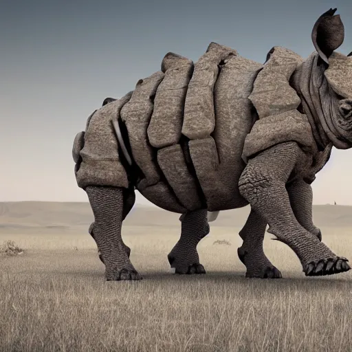 Image similar to a cinematic view of skeleton rhino made of old bones, true realistic image, detailed image