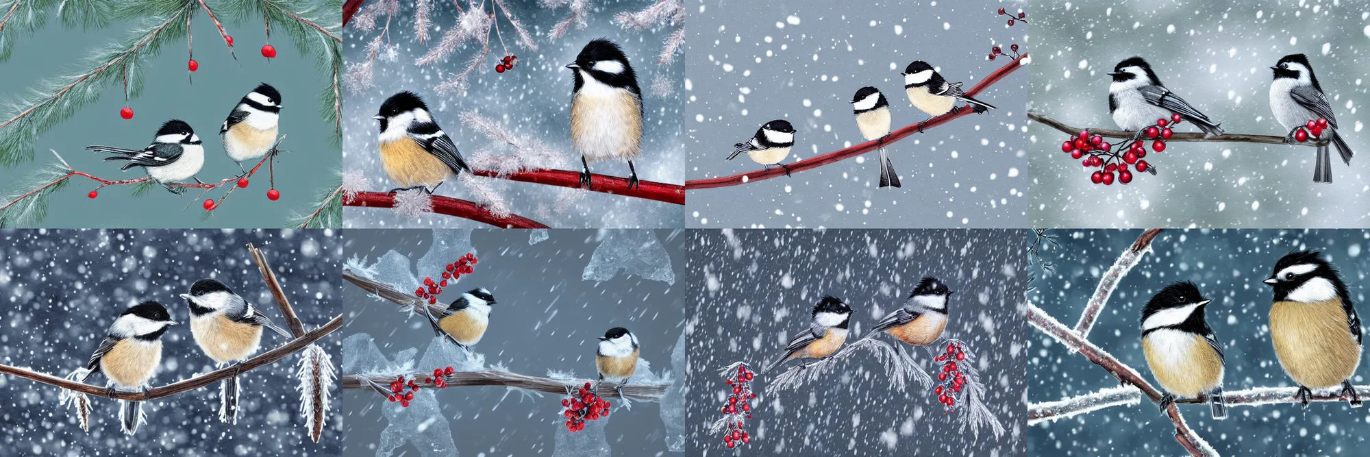 Prompt: a pair of chickadees snuggling, sitting on the branch of a mountain ash tree, with red berries and icicles hanging down, in the winter, snowing, gray sky with wispy clouds, highly detailed digital art