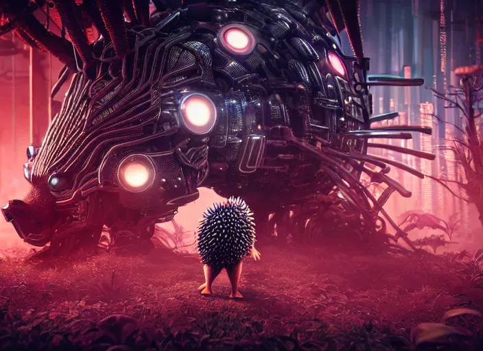 Prompt: portrait of a intricate humanoid hedgehog terminator, on the background of a weird magical mechanical forest. Very detailed 8k. Fantasy cyberpunk horror. Sharp. Cinematic post-processing. Unreal engine. Nanite. Ray tracing. Parallax. Tessellation