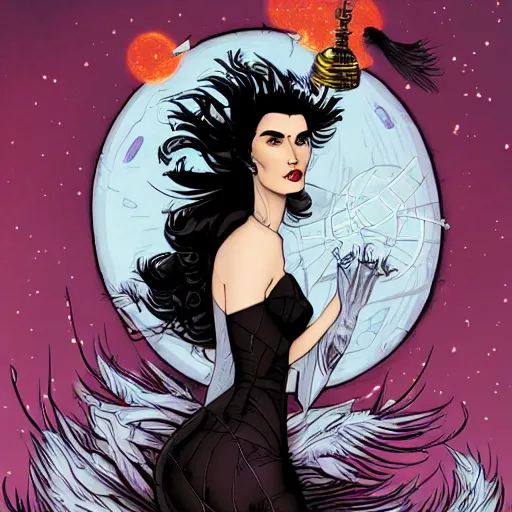 Prompt: Jennifer Connelly as dark angel gothic atompunk evil Disney villain queen with black feather hair, feathers growing out of skin, in front of space station window, Mike mignola, trending on artstation, comic book cover, illustration