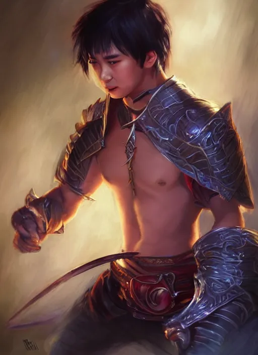 Image similar to asian with medium black hair man looks belly point of view, dndbeyond, bright, colourful, realistic, dnd character portrait, full body, pathfinder, pinterest, art by ralph horsley, dnd, rpg, lotr game design fanart by concept art, behance hd, artstation, deviantart, hdr render in unreal engine 5