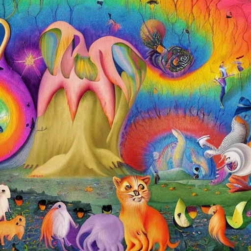 Image similar to a masterpiece collaborative painting by bosch and lisa frank