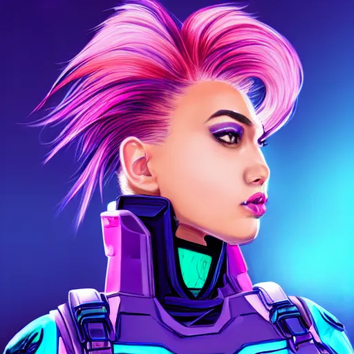 Image similar to a stunning upper body portrait of a beautiful young woman wearing futuristic navy blue and teal battle bodyarmor and pauldrons and ombre purple and pink hairstyle with hair blowing in the wind, by marvel comics, outrun, vaporware, neon, highly detailed, fine detail, intricate, digital art, trending on artstation