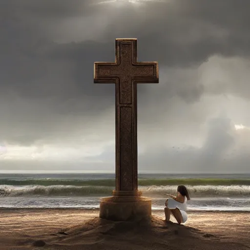 Image similar to a highly detailed matte painting of a large cross standing on the beach as a storm comes in with the tide, woman sitting in the sand watching the ocean, epic fantasy, god rays, rocky beach, ultrawide lense, aerial photography, unreal engine, exquisite detail, 8 k, art by albert bierstadt and greg rutkowski and jeong seon