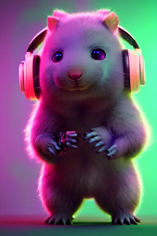 Image similar to high quality 3 d render neo - cyberpunk very cute half fluffy! wombat!! half cyborg with headphones, pastel mechanical! paw, highly detailed, unreal engine cinematic smooth, in the style of detective pikachu, hannah yata charlie immer, neon purple light, low angle, uhd 8 k, sharp focus