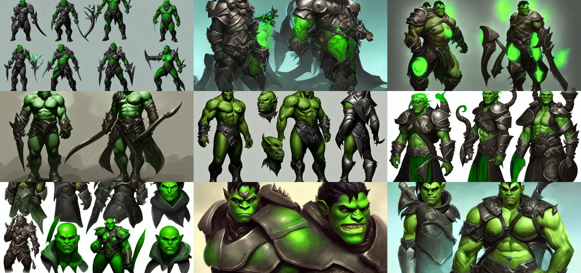 Prompt: concept art of male green half orc in plate armor video game characters head designs, unique hairstyles, overwatch by marc brunet and artgerm