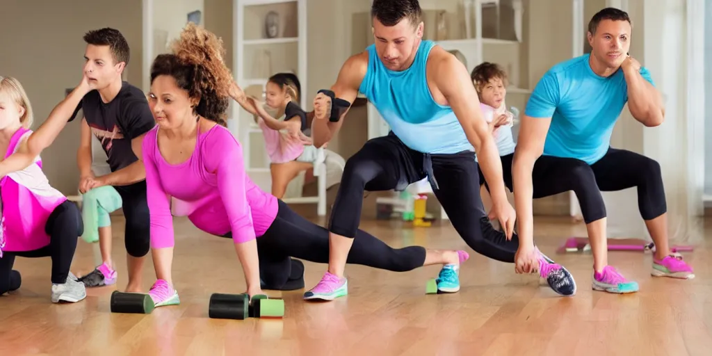 Prompt: a husband and wife exercising with four kids studying, award winning photo,